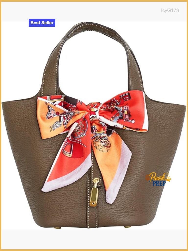 Genuine Leather Bucket Bag With Detachable Scarf, Metal Clasp, Tote